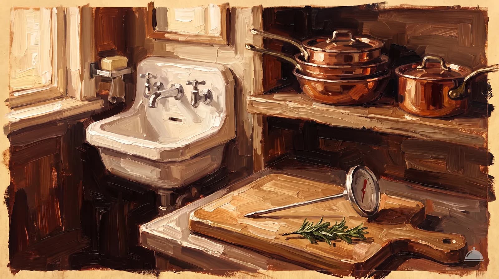 Oil painting of a hand sink, covered pans and a probe thermometer on a board
