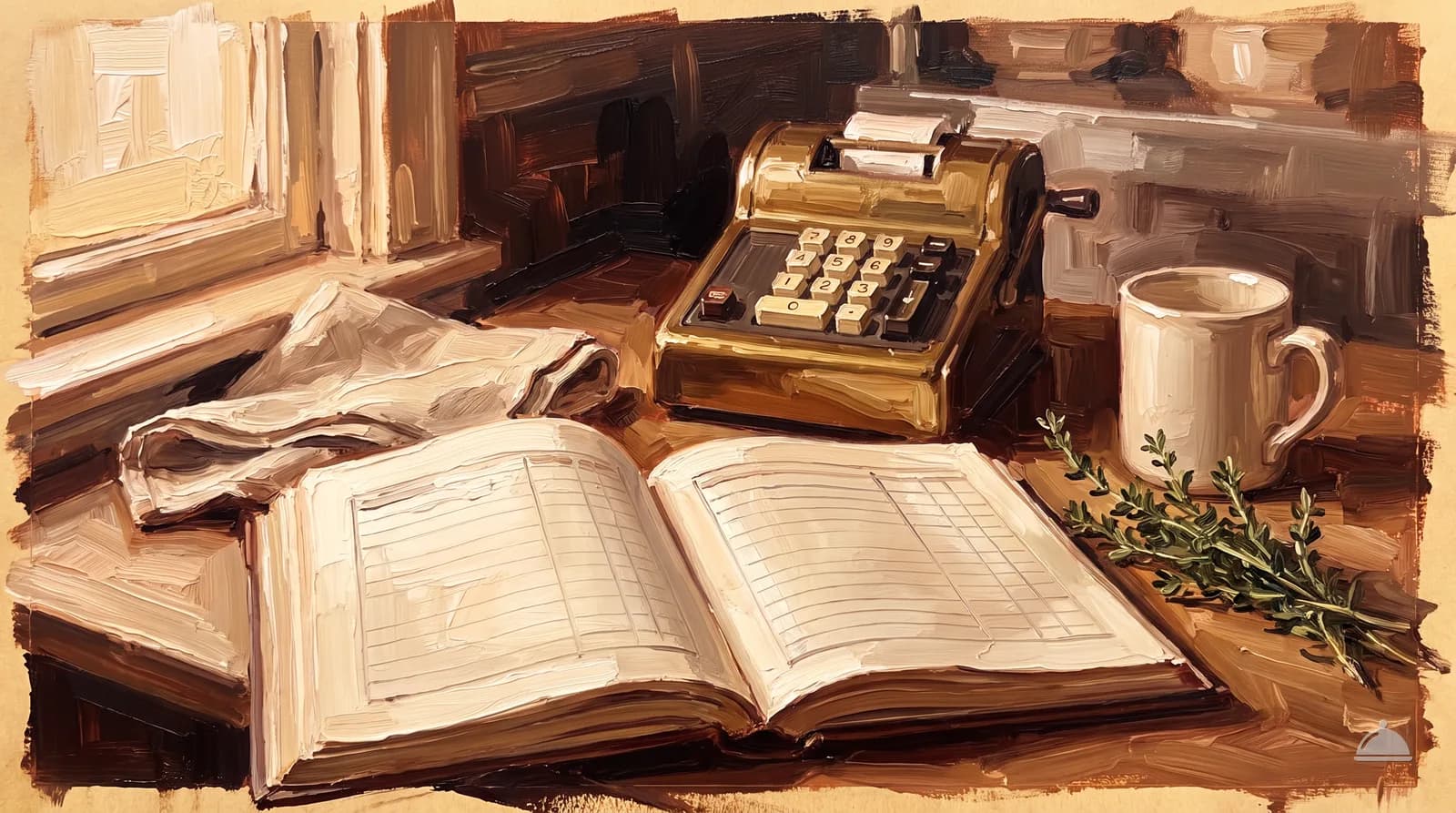 Oil painting of an open ledger, a brass adding machine and a cream mug