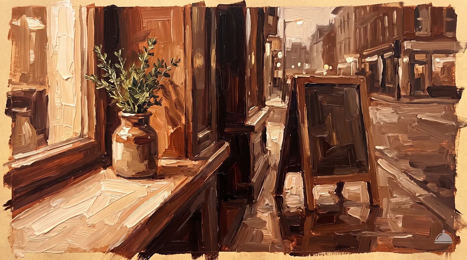 Oil painting of a bistro window at dusk with a blank A-board on the pavement