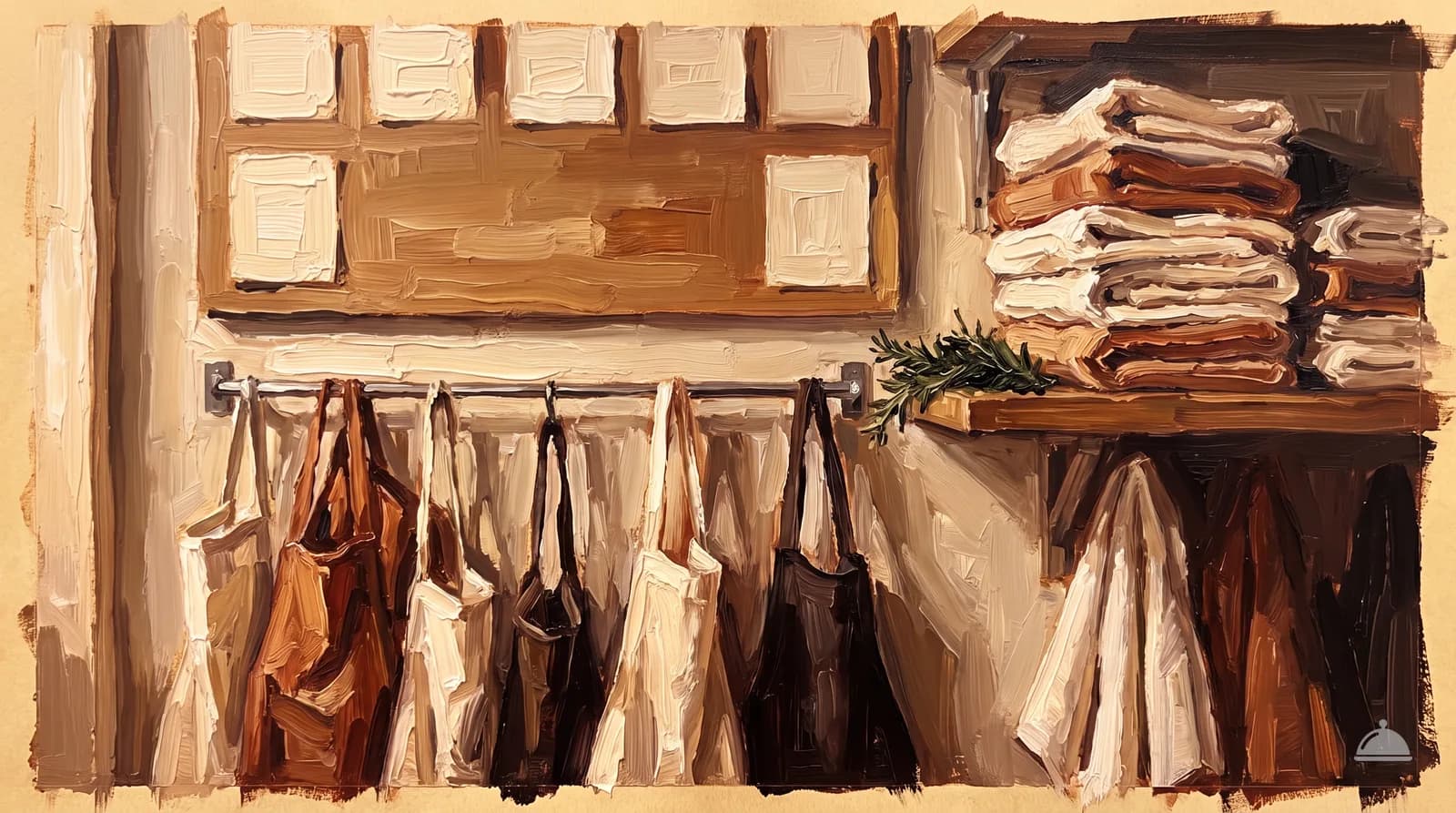 Oil painting of a kitchen wall with a blank rota board and a rail of aprons