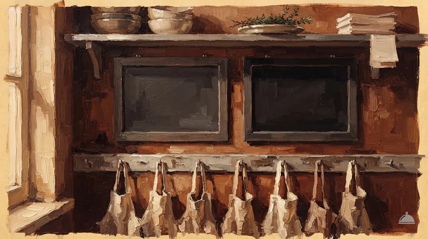 Oil painting of two blank rota boards side by side above a rail of aprons