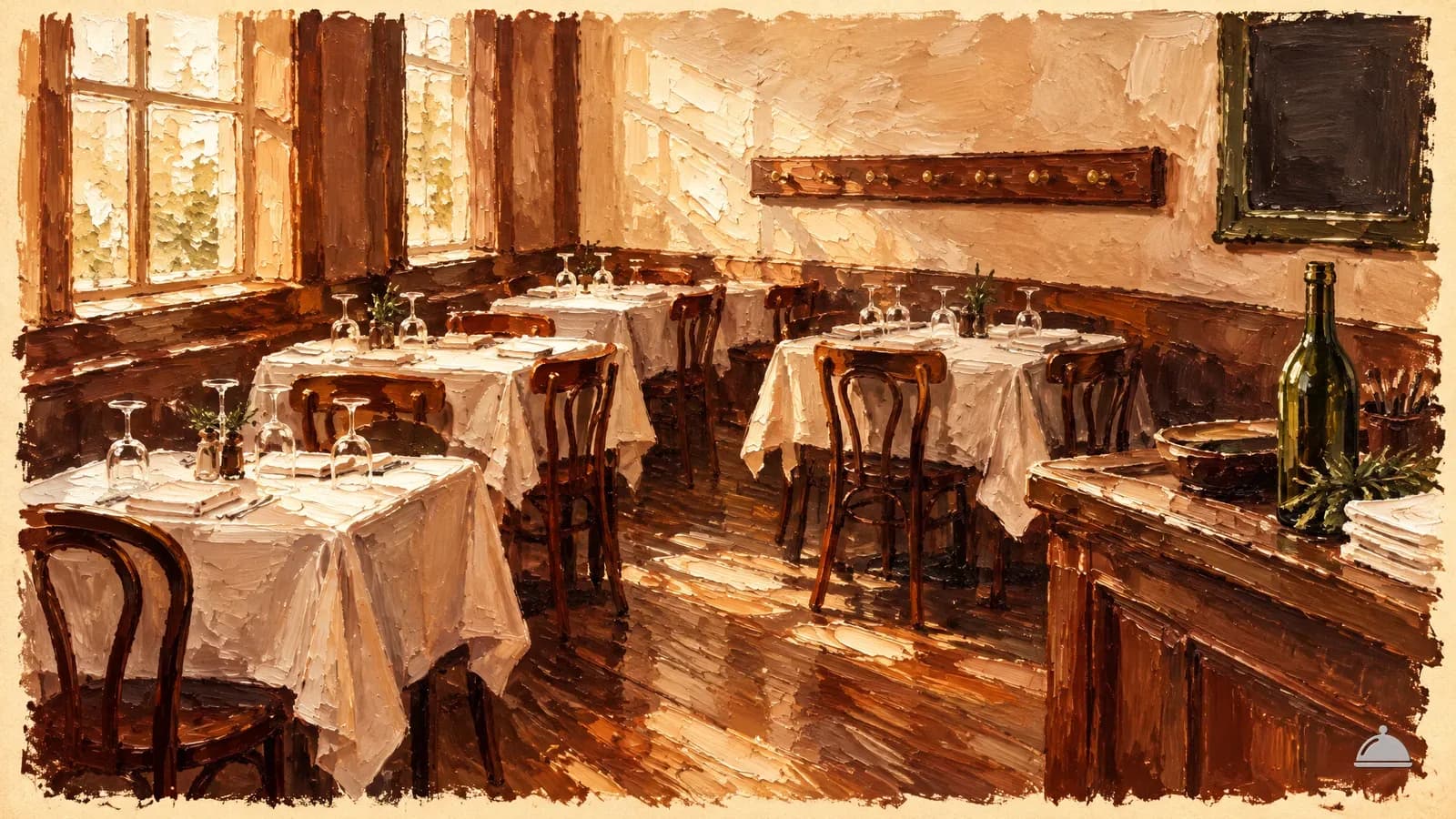 Oil painting of a bistro dining room set for service, seen from the host stand