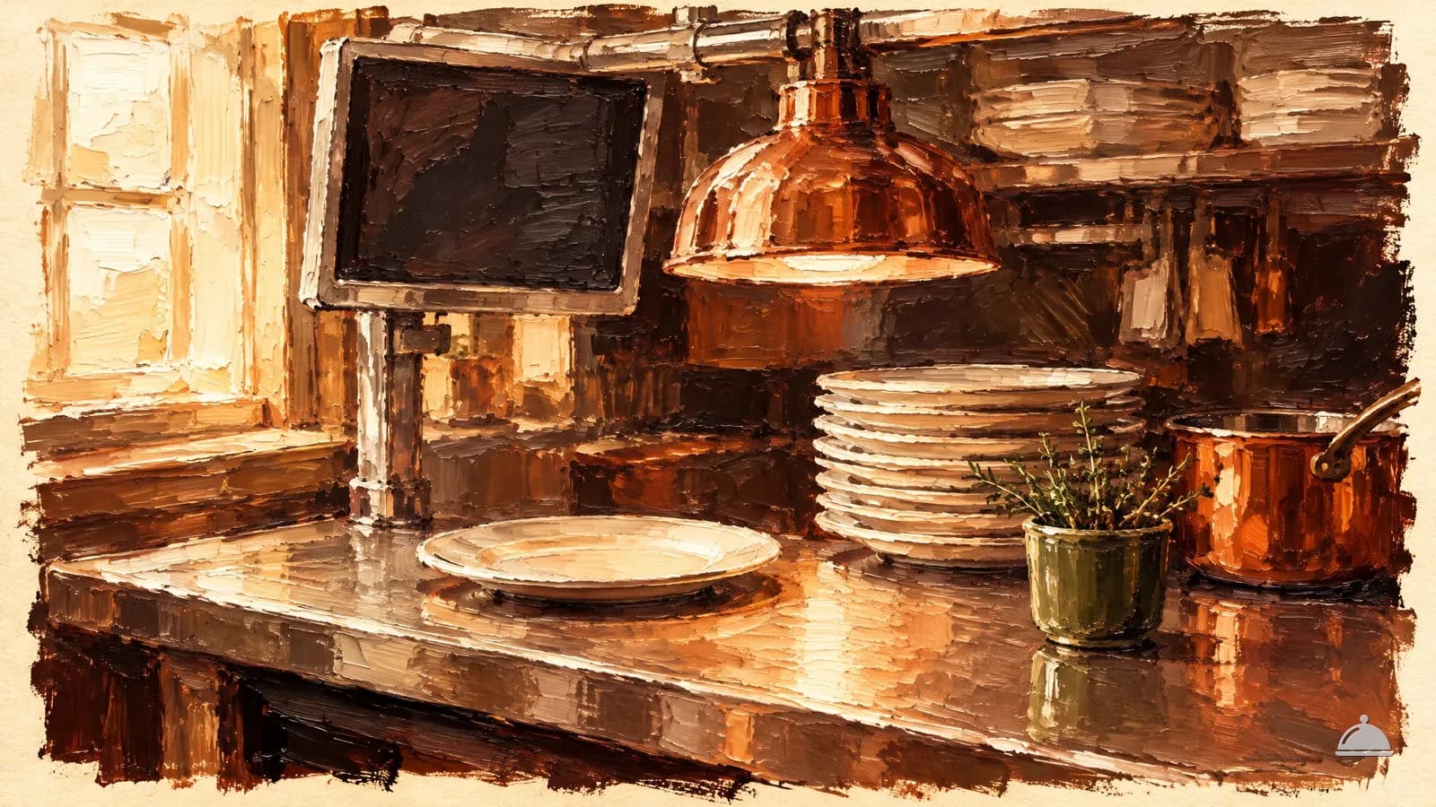 Oil painting of a restaurant pass with a blank kitchen display screen above the counter