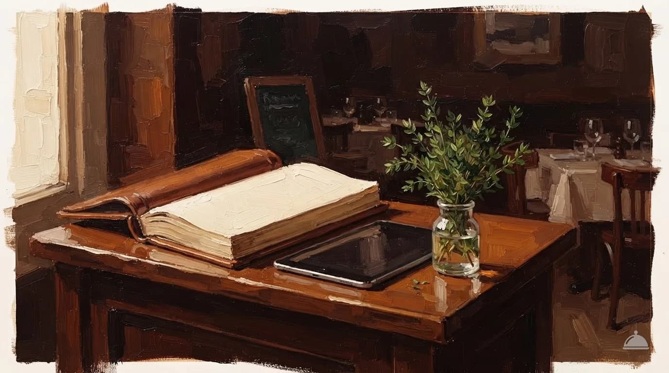 Oil painting of a host stand with an open blank reservation book and a tablet