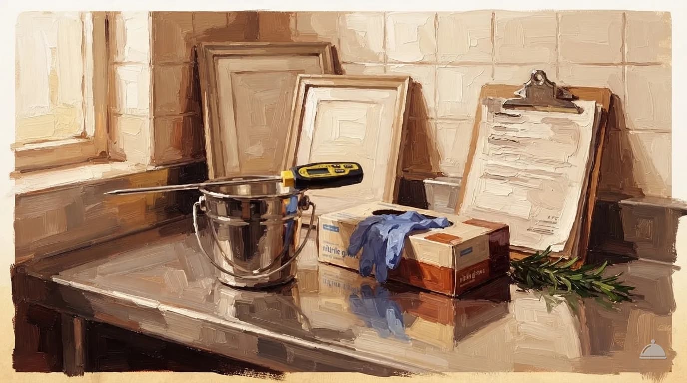Oil painting of a probe thermometer, sanitiser bucket and gloves on a stainless bench