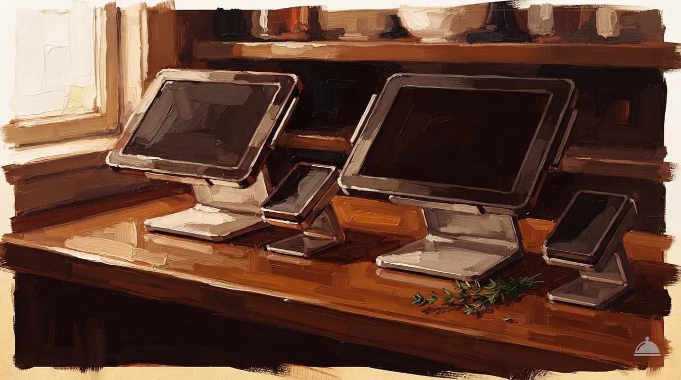 Oil painting of two countertop point-of-sale terminals side by side on a bar top
