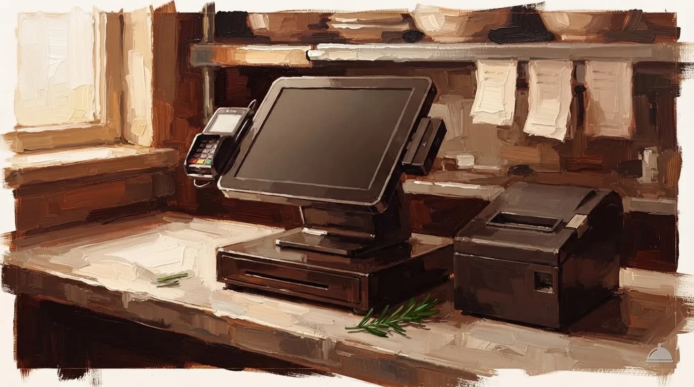 Oil painting of a bar-top point-of-sale terminal with a card reader and printer