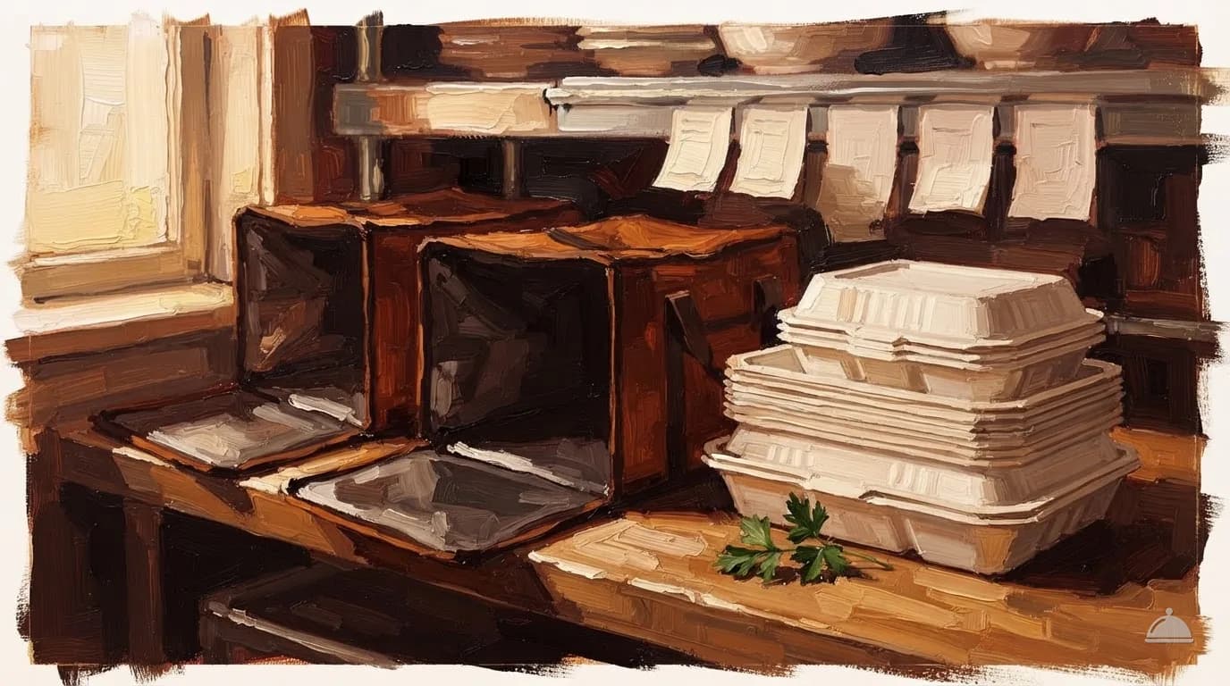 Oil painting of two insulated delivery bags on a pass counter beside takeout containers