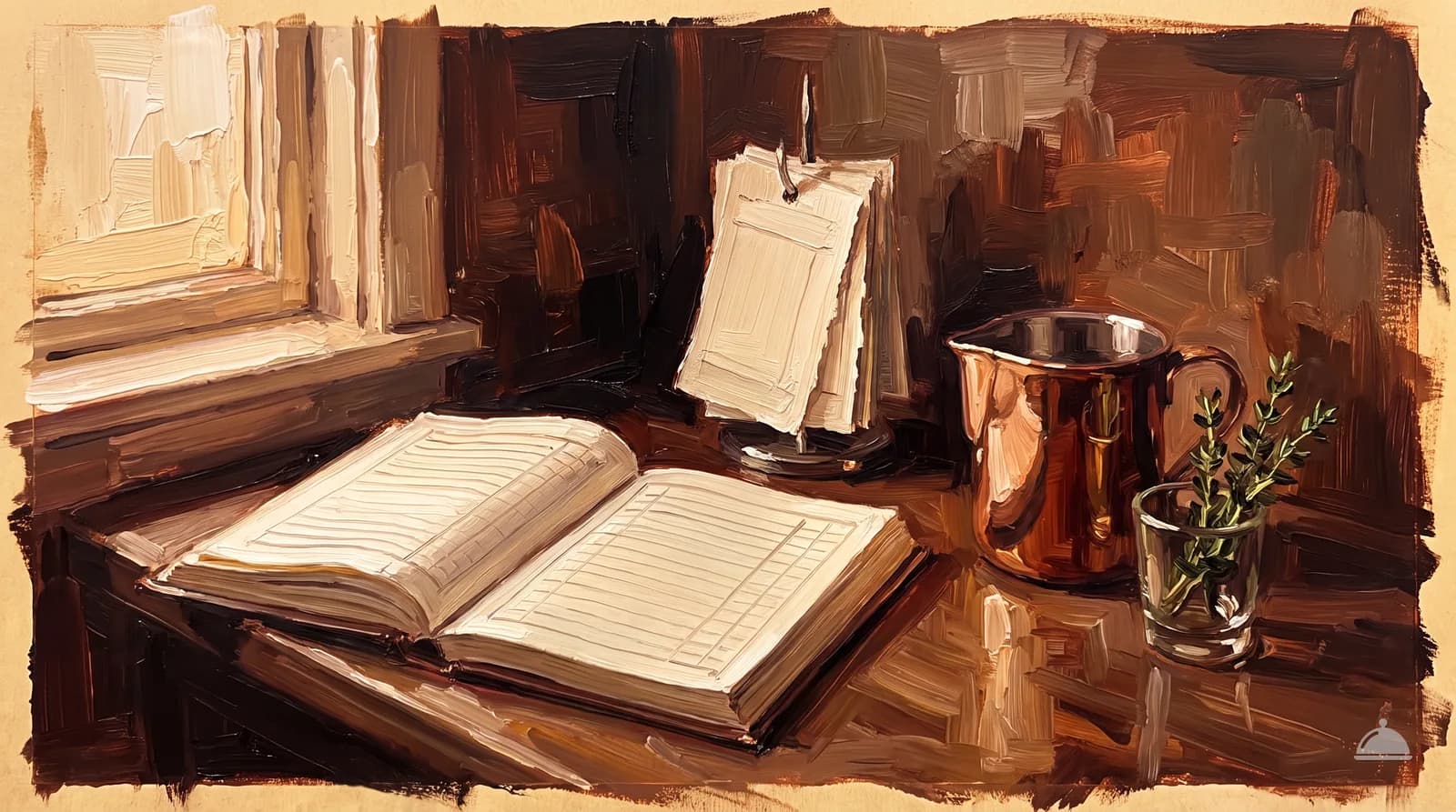 Oil painting of a manager's desk with an open ledger, a bill spike and a copper jug