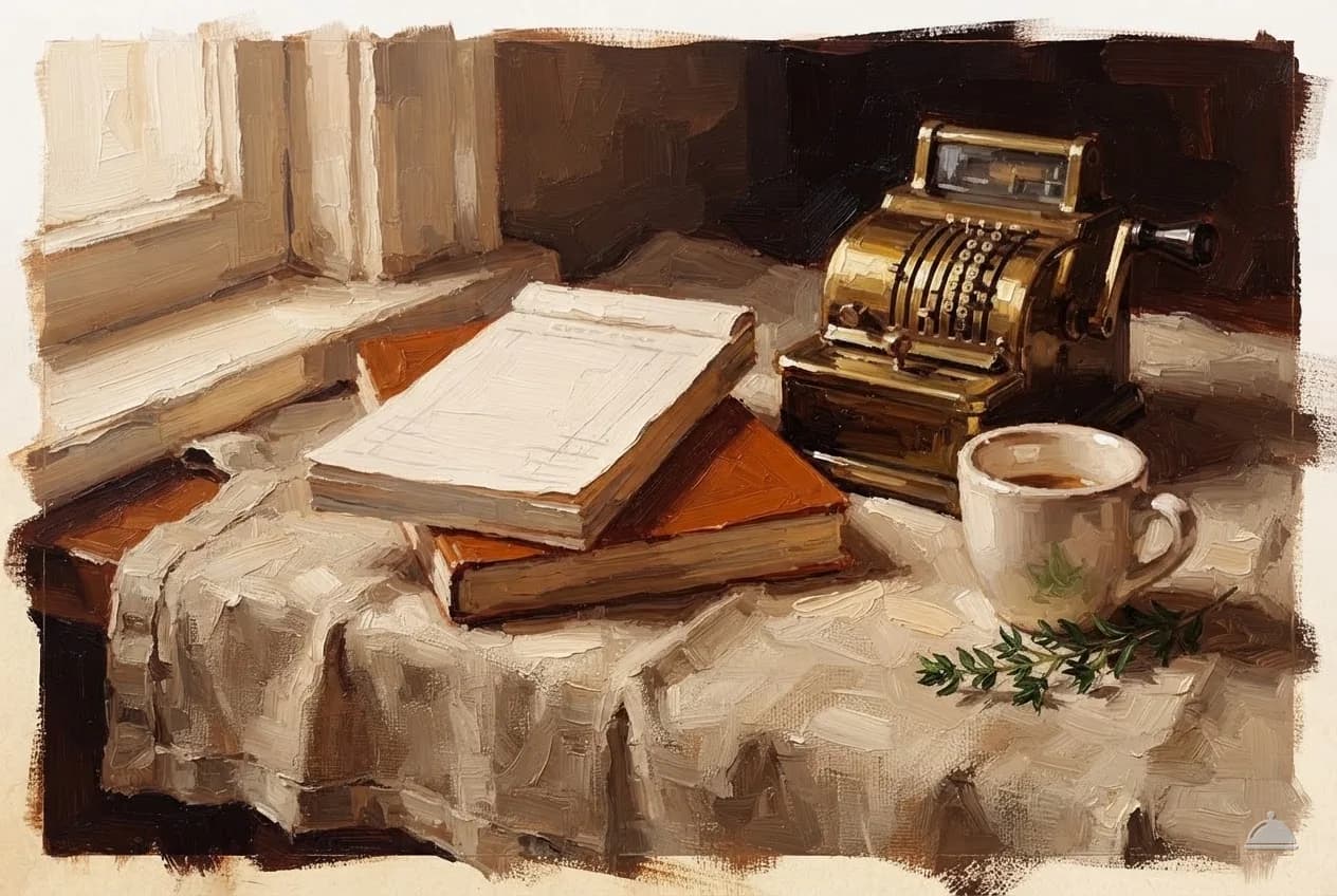 Oil vignette of blank check pads, a brass adding machine and an espresso cup