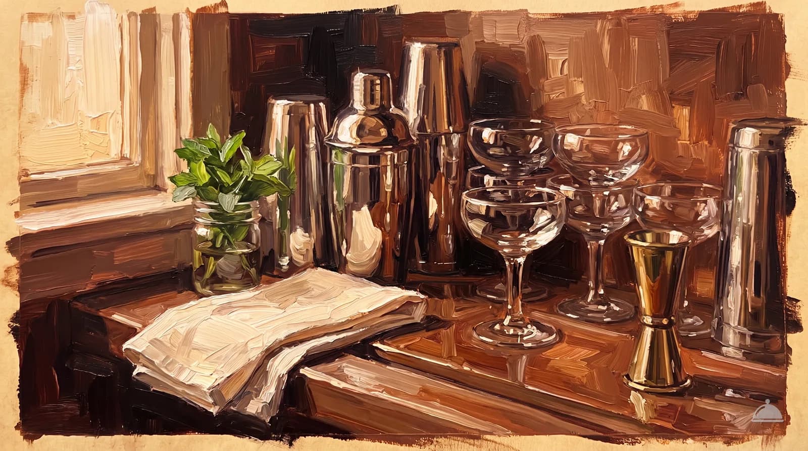Oil painting of a bar back with shakers, coupe glasses, a jigger and a sprig of mint