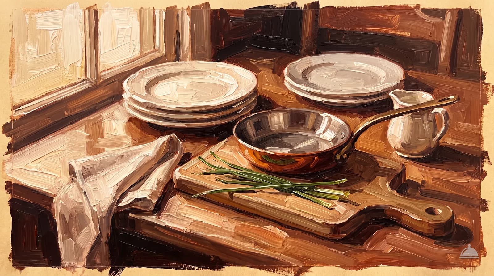 Oil painting of a brunch table with white plates, a copper egg pan and a cream jug