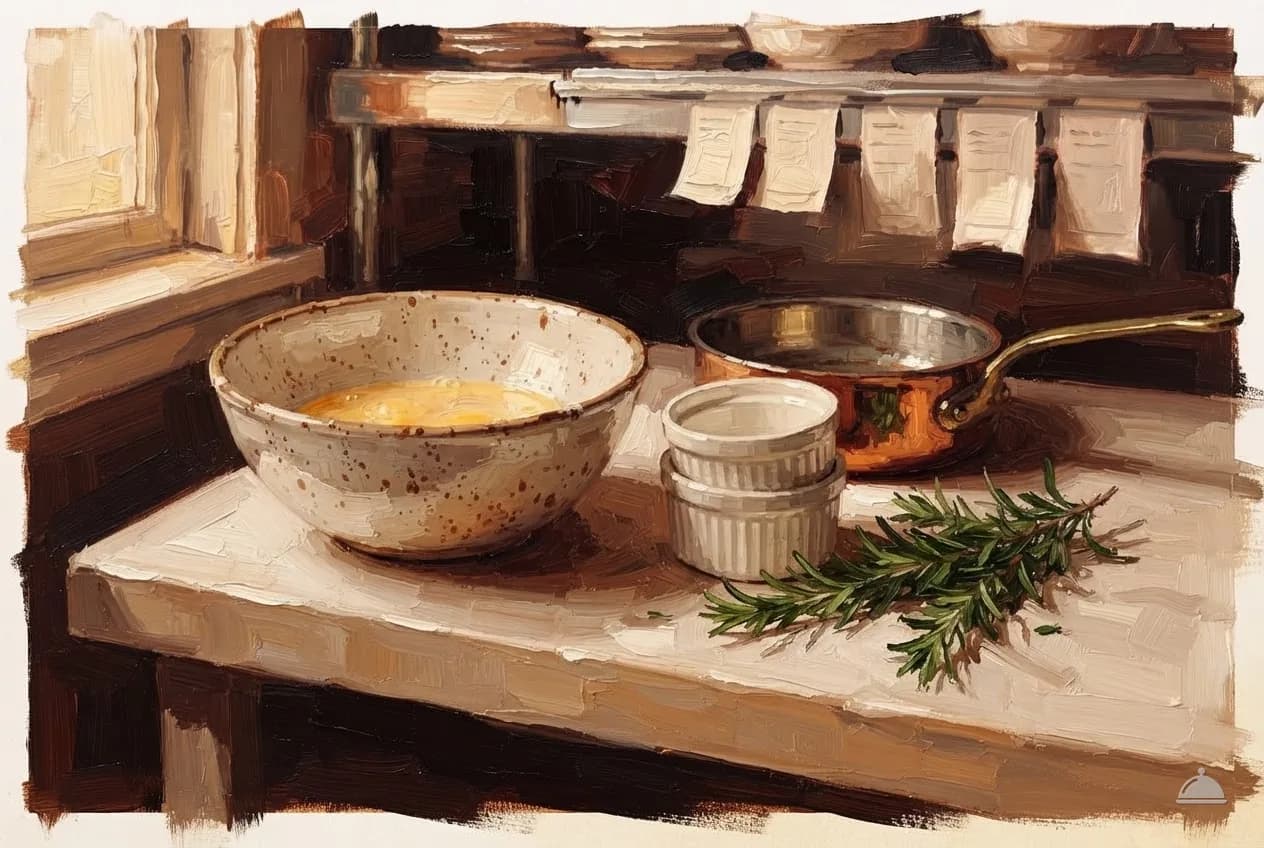 Oil vignette of a bowl of whisked eggs, a copper pan and clean ramekins