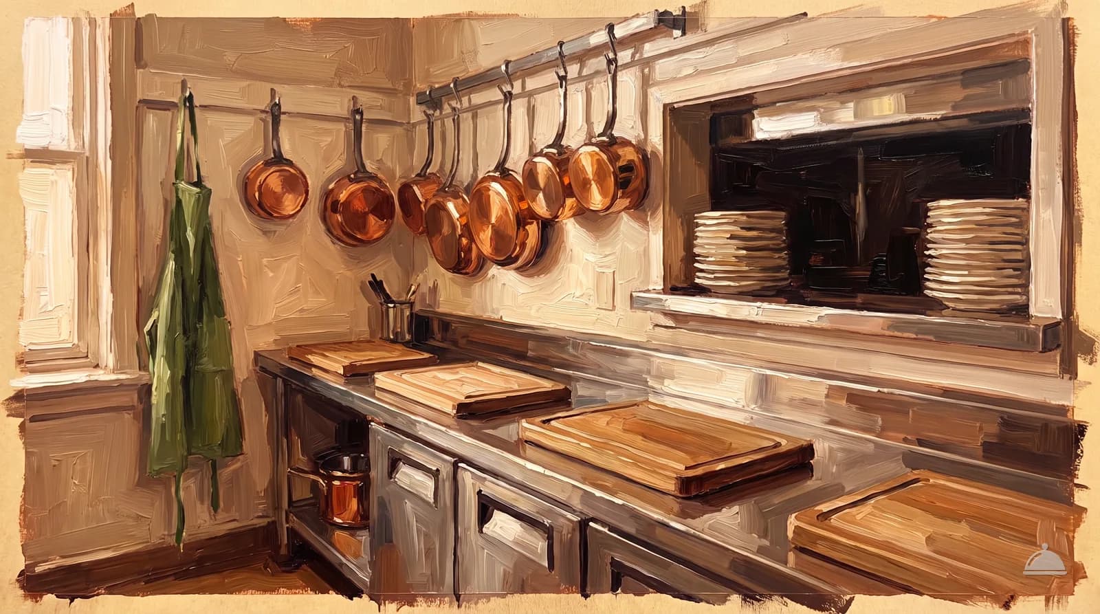Oil painting looking down an empty stainless prep line toward the pass window