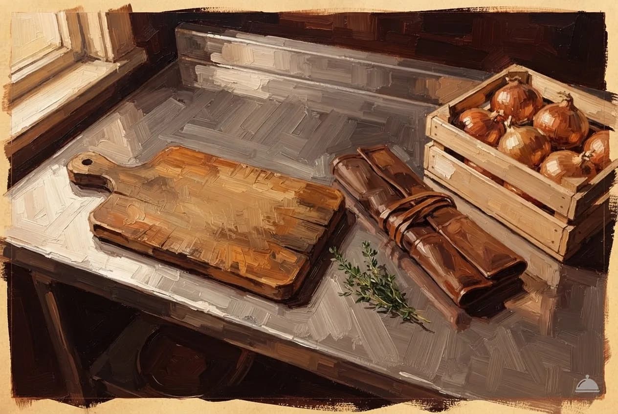 Oil vignette from above of a work table with a cutting board, a knife roll and onions