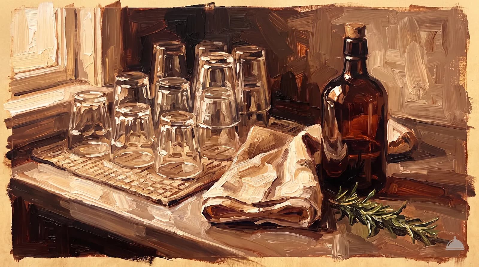 Oil painting of a closed bar with upturned glasses and an unlabelled dark bottle