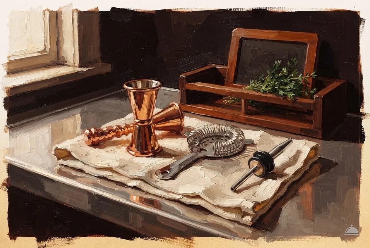 Oil vignette of a jigger, a strainer and a pour spout on a folded bar towel