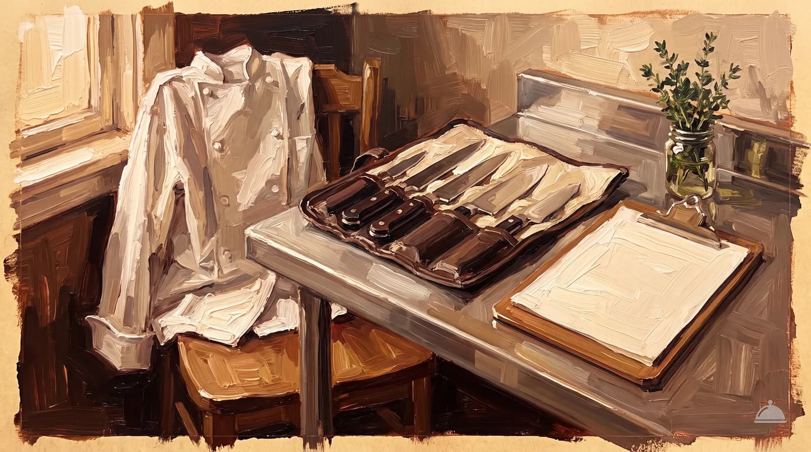 Oil painting of a folded chef's jacket, a knife roll and a clipboard on a stainless table