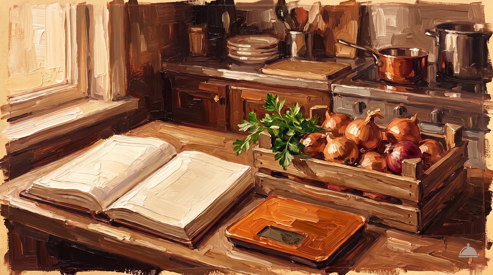 Oil painting of an open ledger on a kitchen table beside a crate of onions and a copper pot