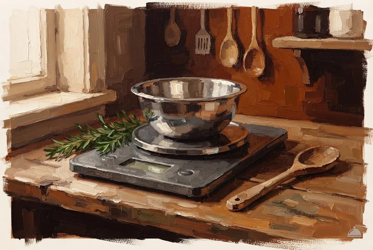 Oil vignette of a digital kitchen scale holding a stainless bowl beside a wooden spoon
