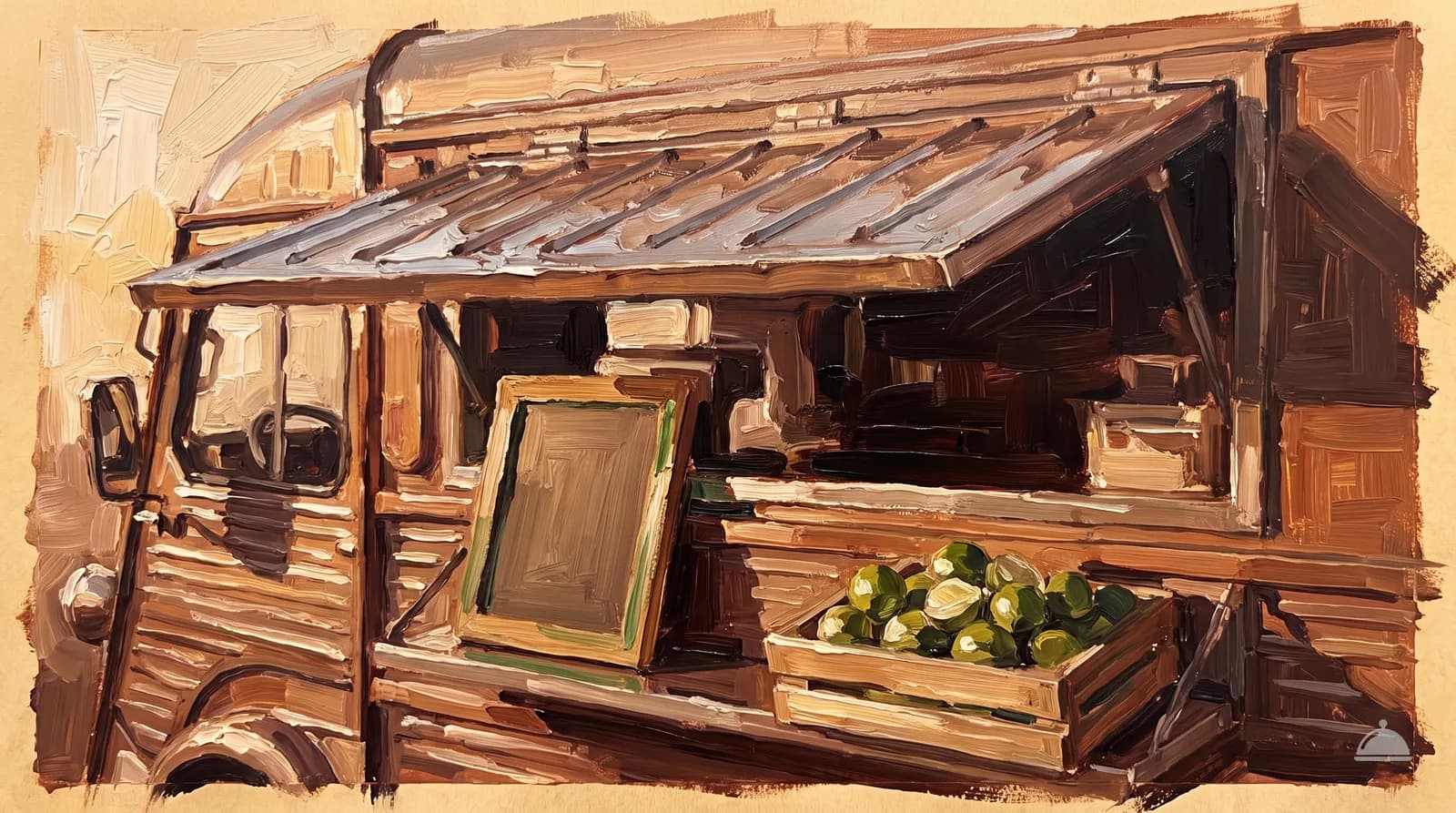 Oil painting of a food truck serving hatch propped open at golden hour