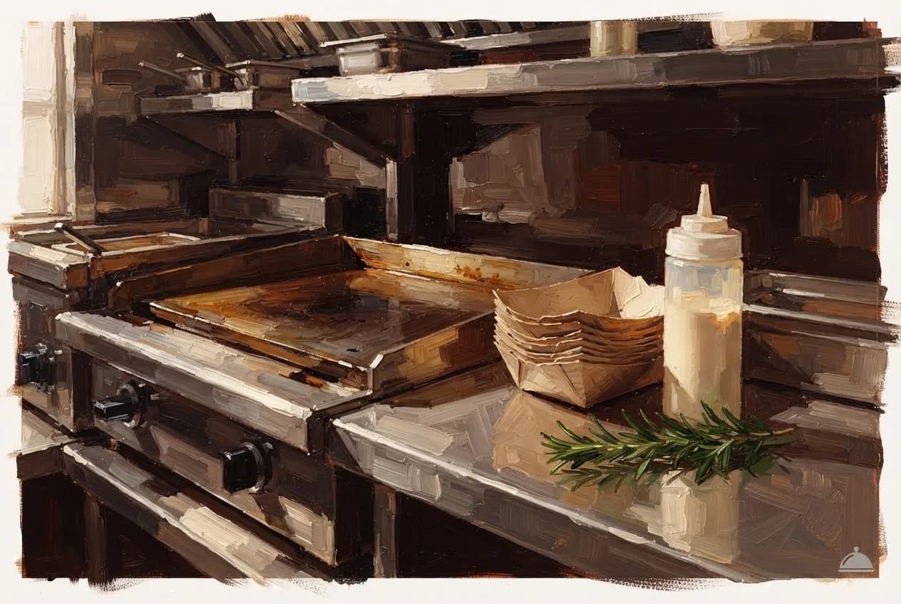 Oil vignette inside a food truck galley with a griddle and paper food boats