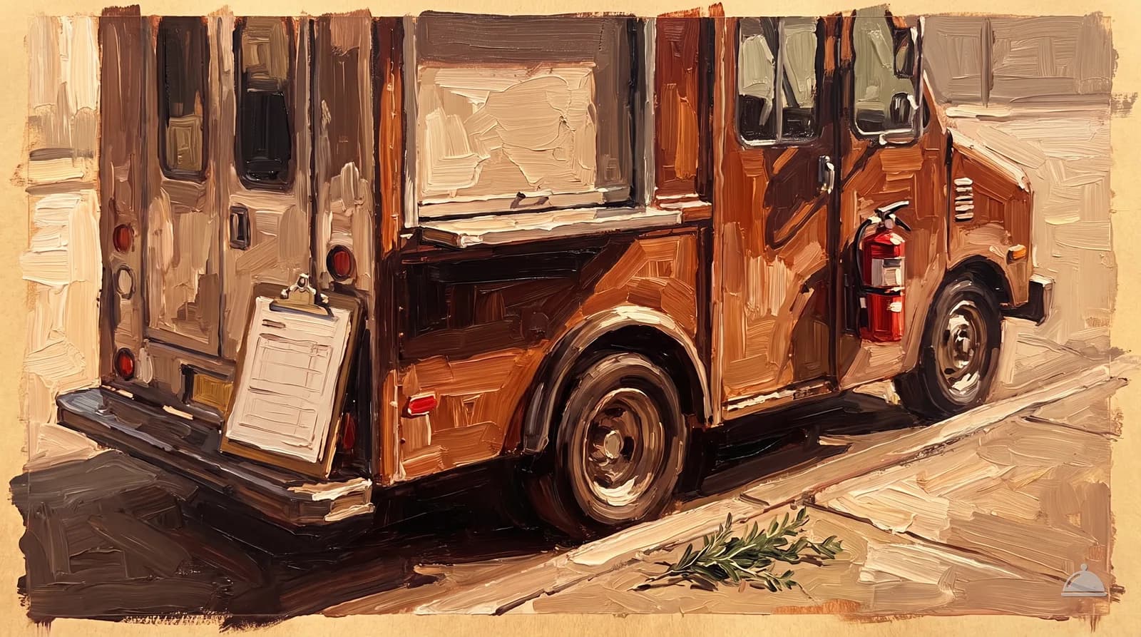 Oil painting of a parked food truck with a clipboard on the step and an extinguisher by the door