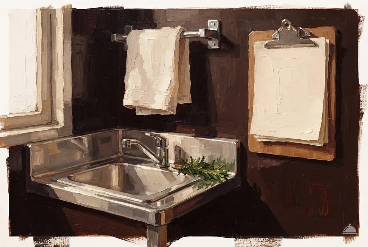 Oil vignette of a stainless hand-wash sink and clipboard in a food truck galley