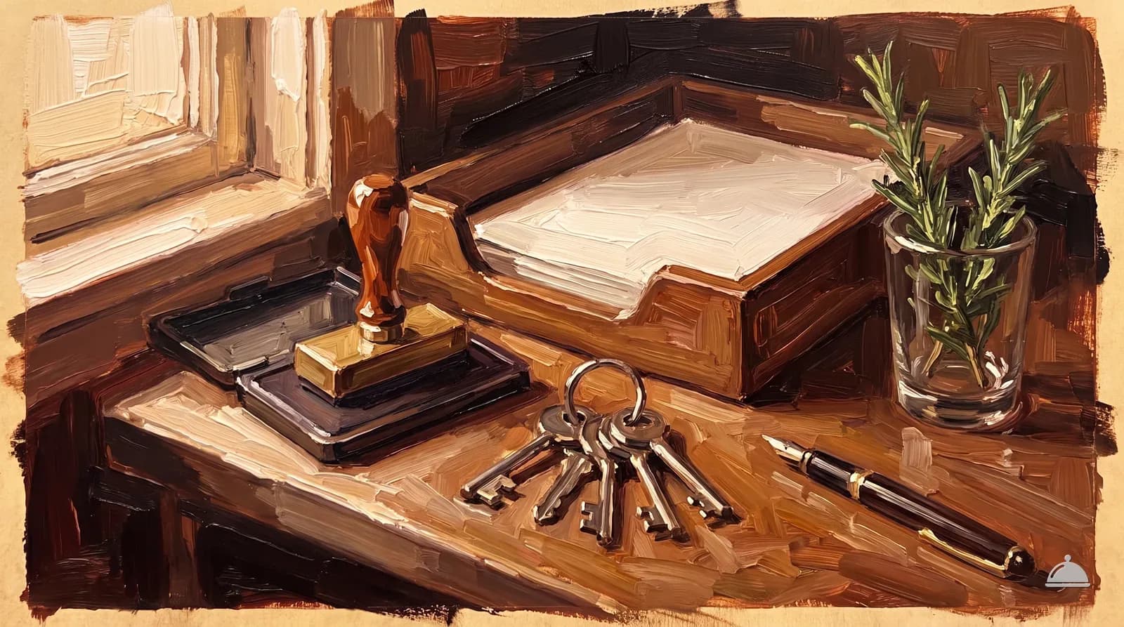 Oil painting of a rubber stamp, keys, a filing tray and a fountain pen on a bar top