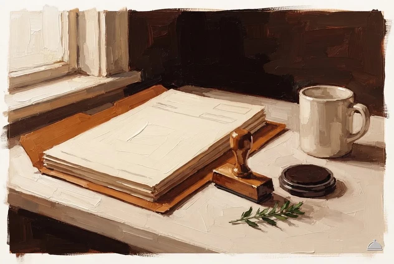 Oil vignette of a folder of blank forms, a rubber stamp and a cream mug