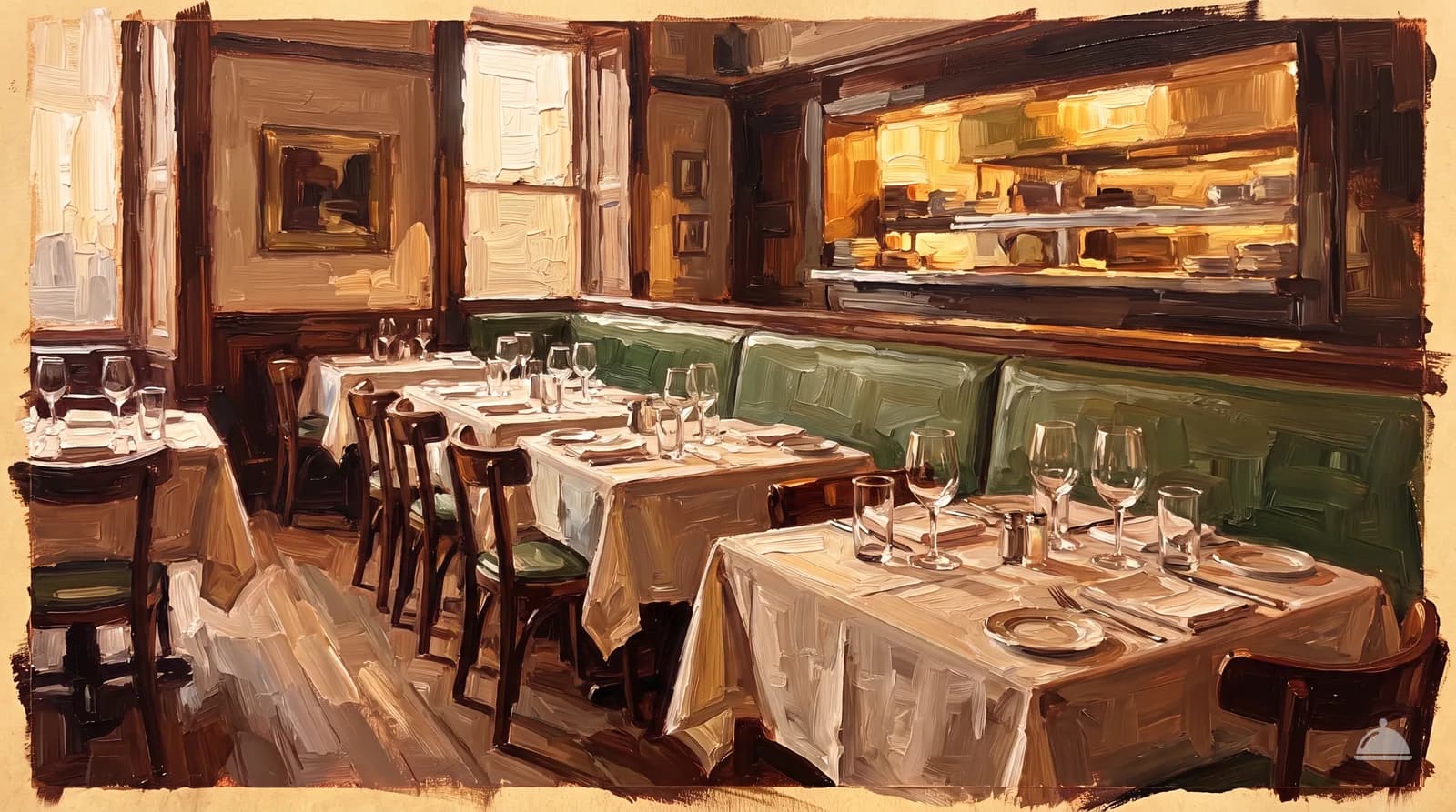 Oil painting of a dining room set for evening service with the pass glowing behind