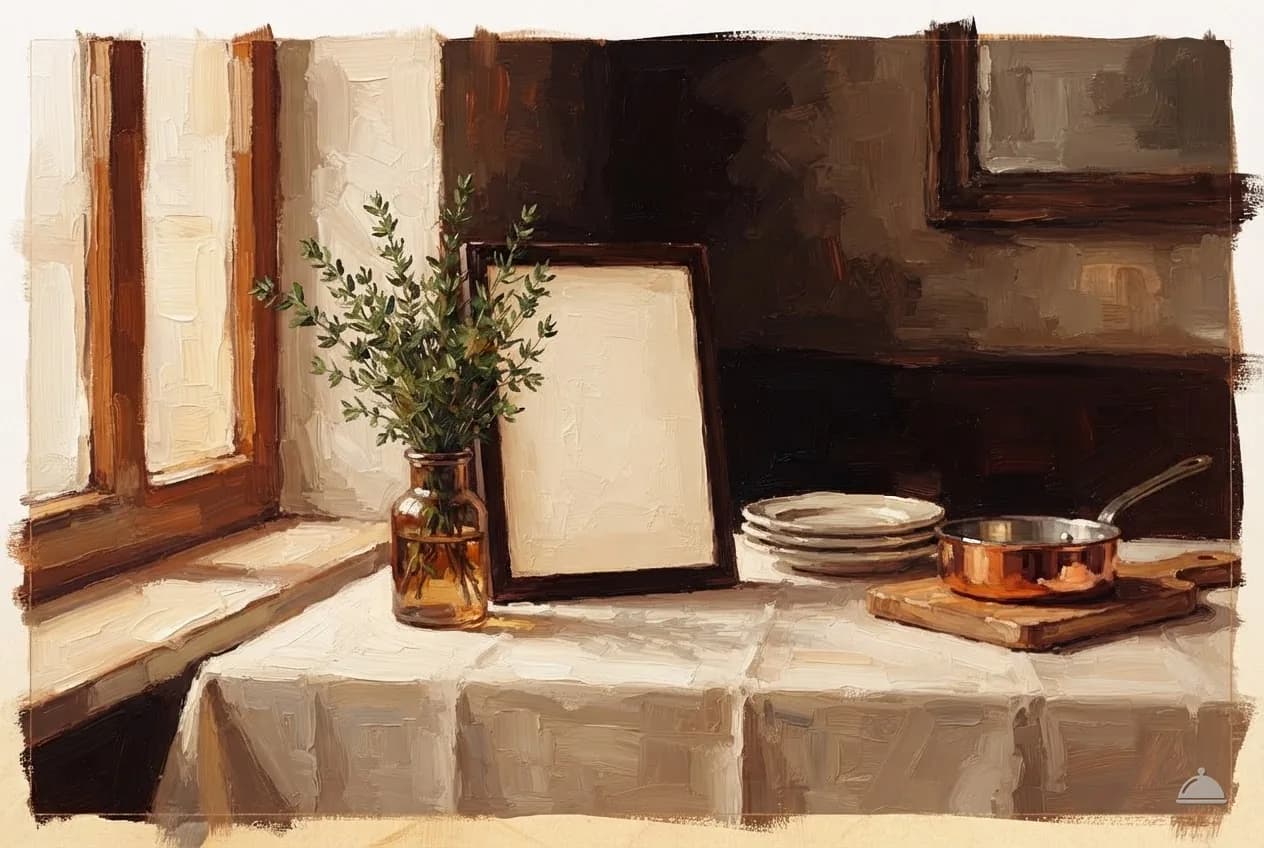 Oil vignette of a window two-top with a blank menu board and a sprig of thyme