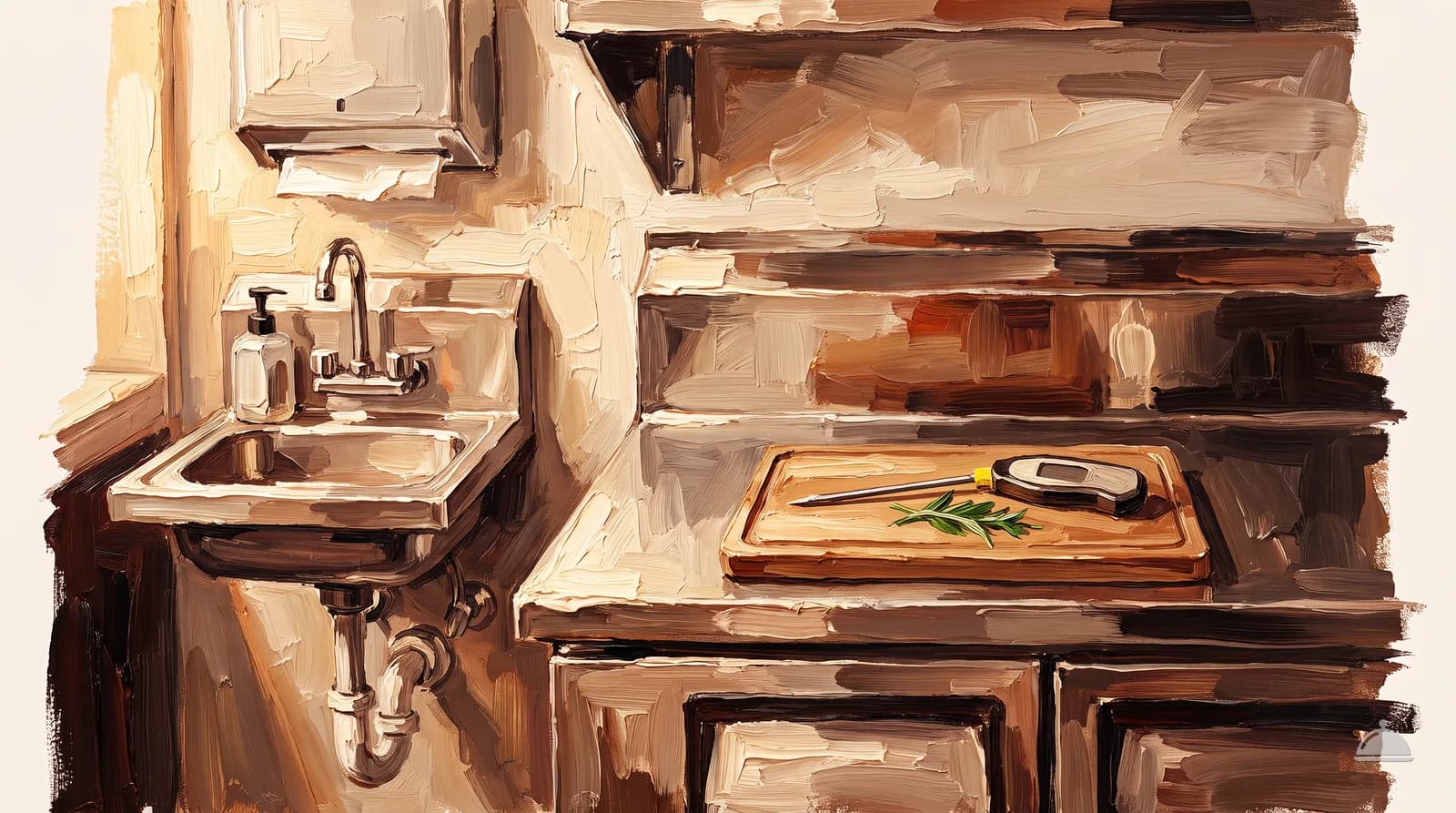 Oil painting of a stainless prep line with a hand sink and a probe thermometer on a board