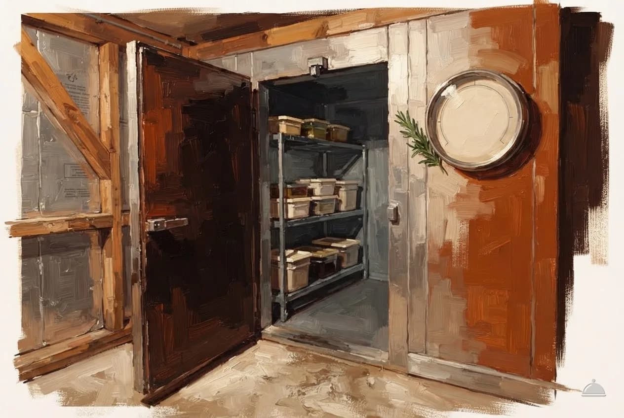 Oil vignette of an open walk-in cooler doorway with shelves of covered pans