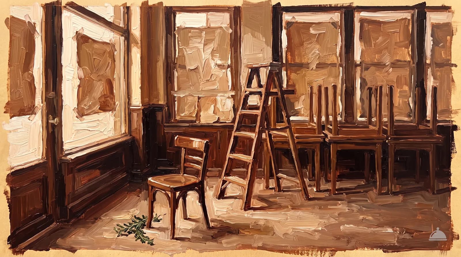 Oil painting of an empty dining room mid-build with stacked tables and a ladder