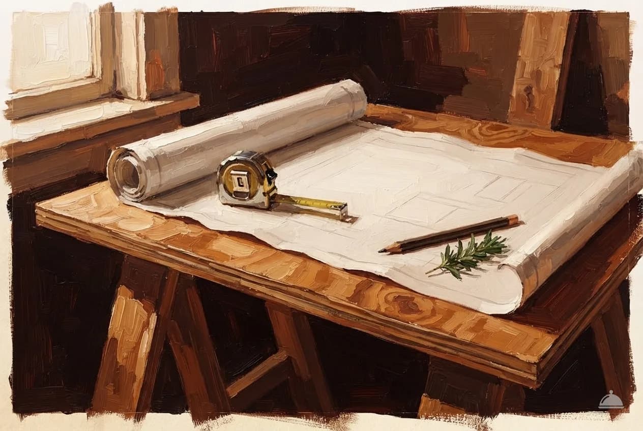 Oil vignette of blank plans unrolled on a trestle with a tape measure and pencil