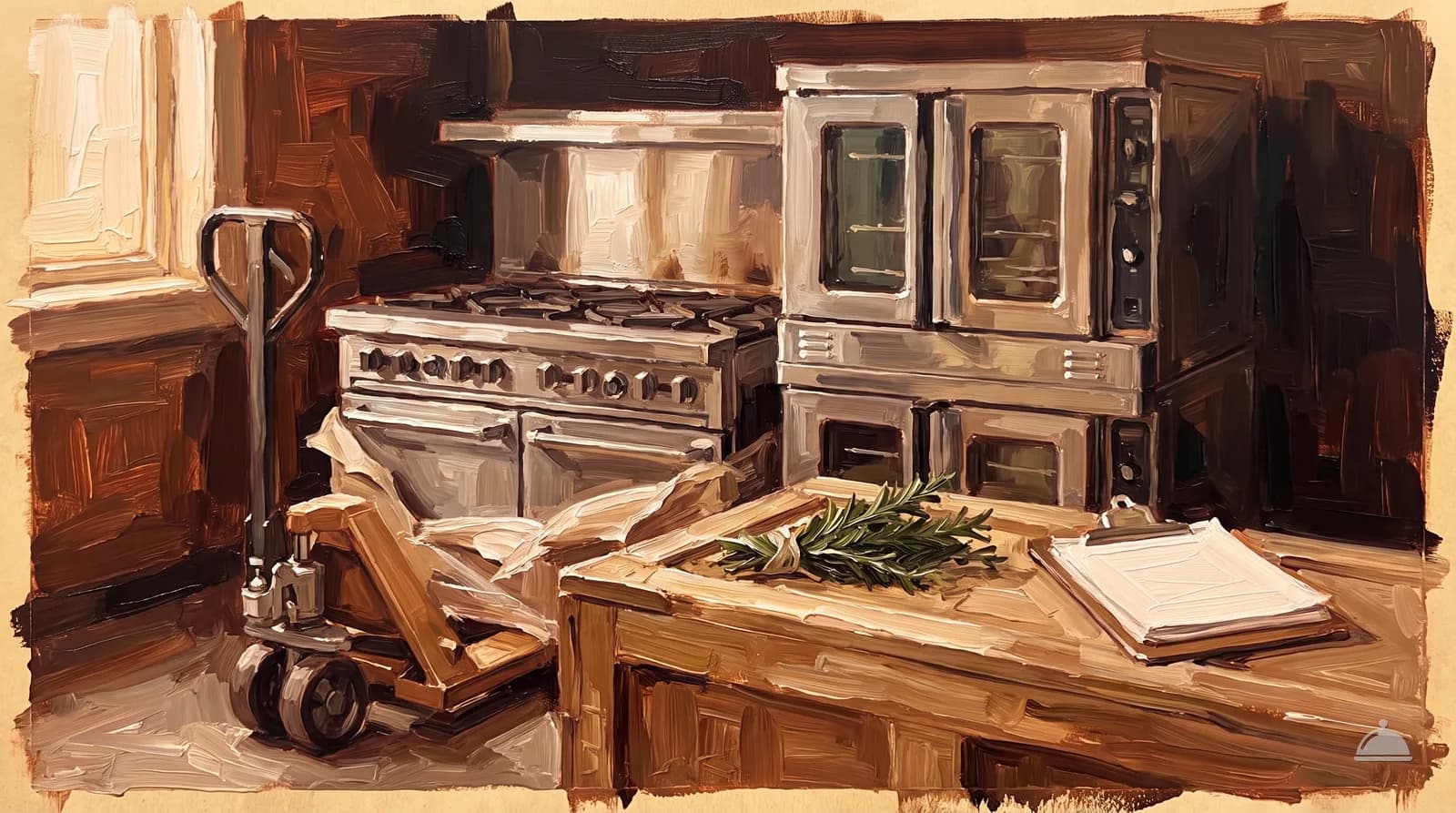 Oil painting of a new stainless range and convection oven half-wrapped in a delivery bay