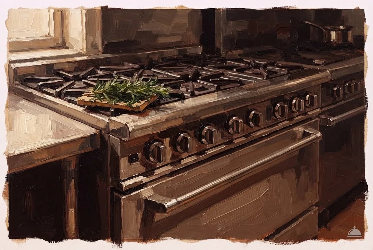 Oil vignette of a commercial stainless range with burner grates and control knobs