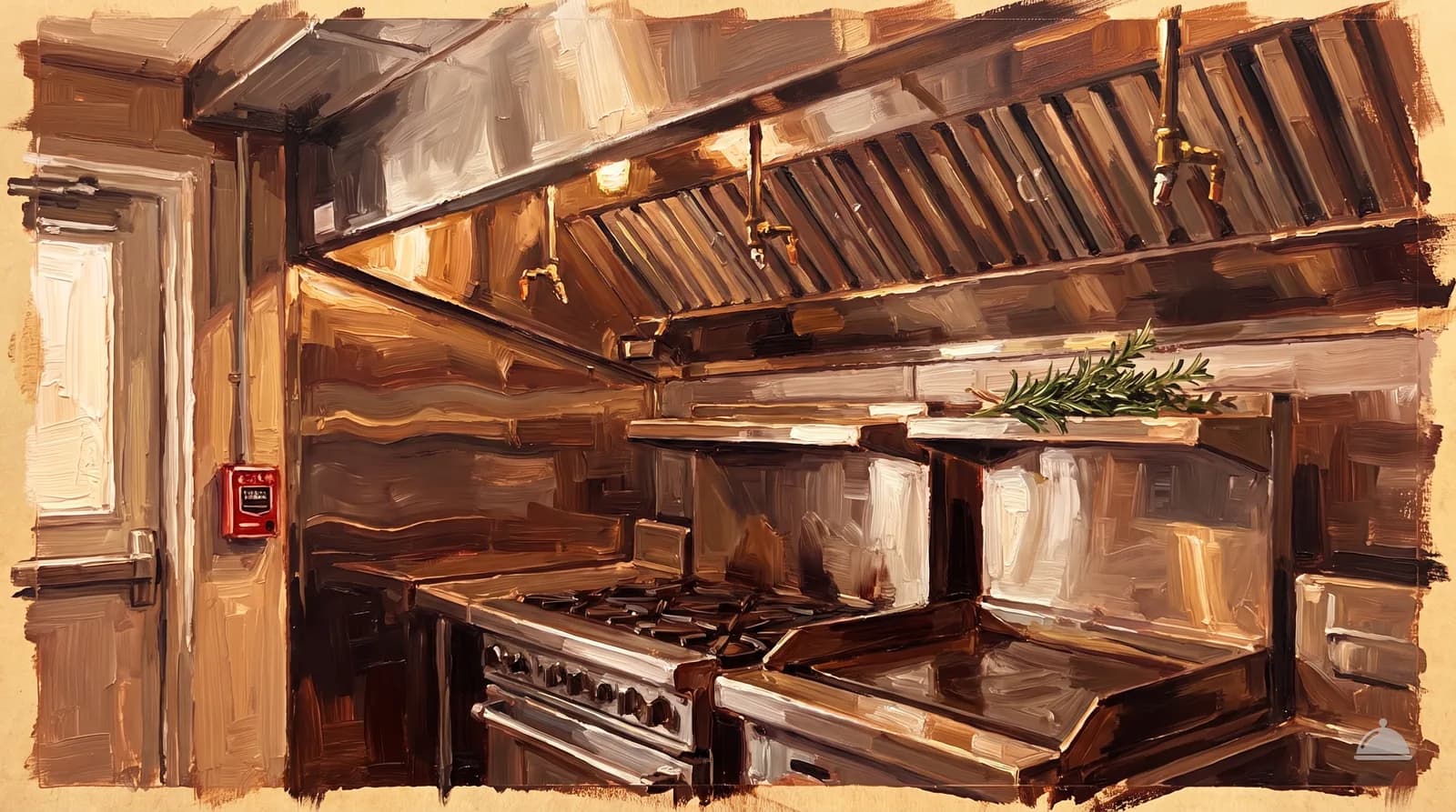 Oil painting of a stainless exhaust hood over a range line with suppression nozzles beneath