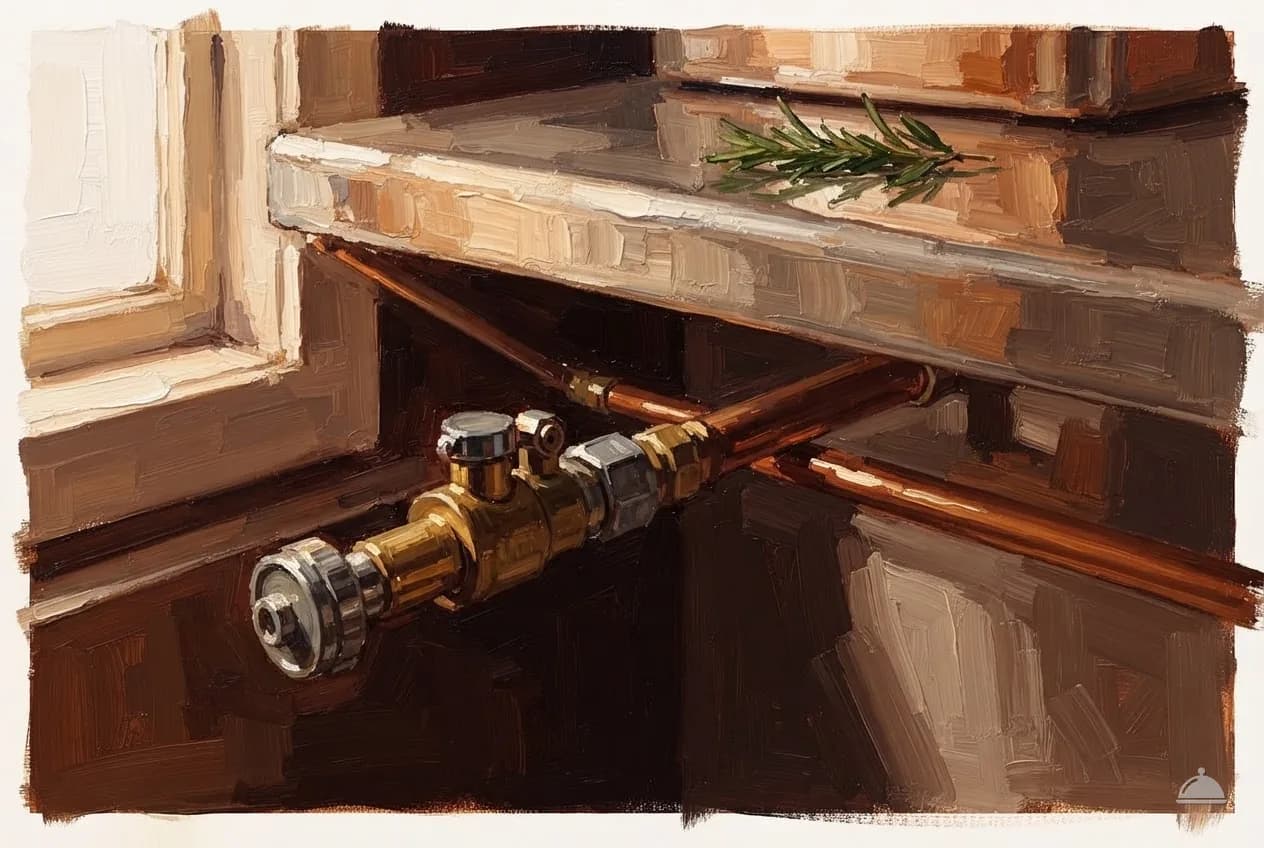 Oil vignette of a wet-chemical suppression nozzle and its pipework under a hood