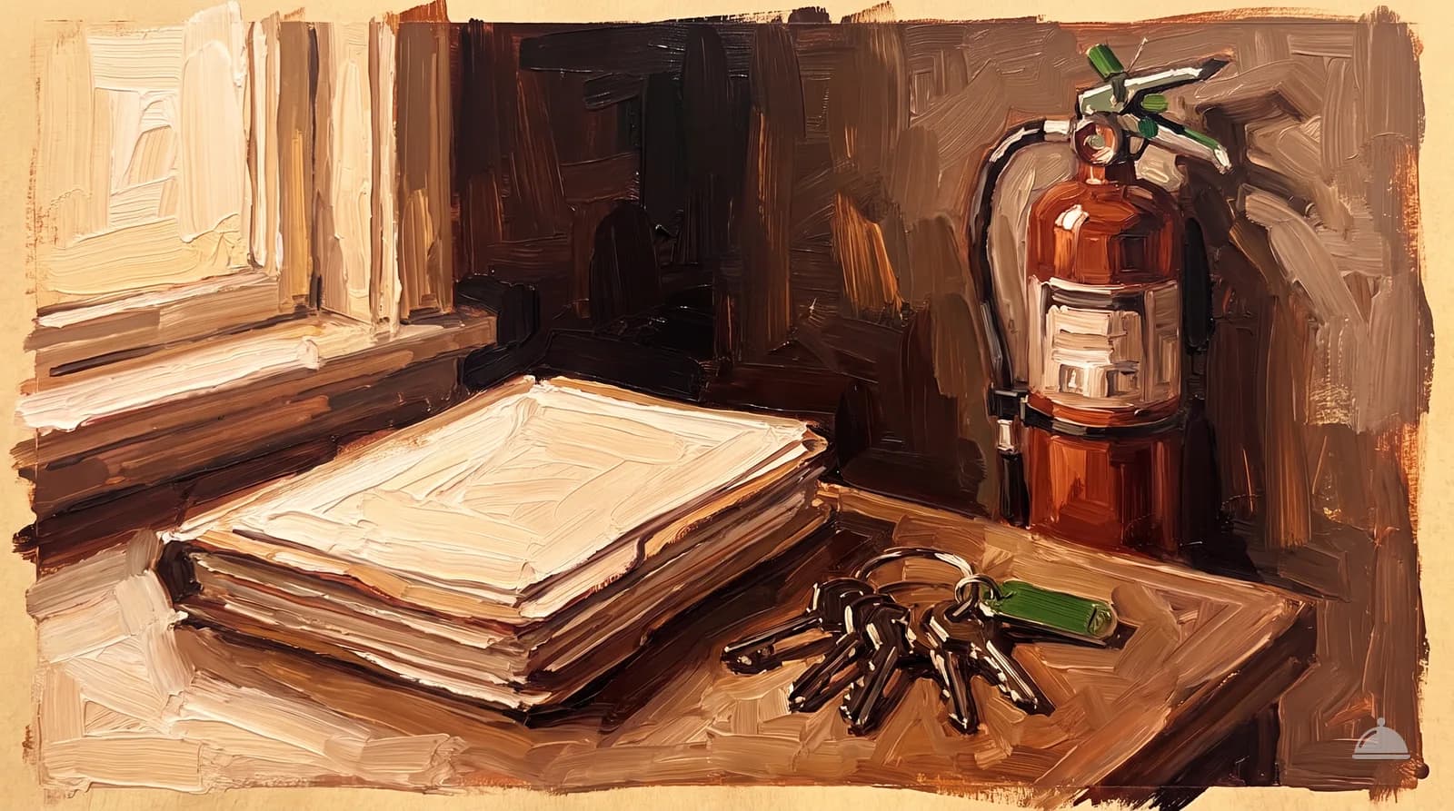 Oil painting of a manager's desk with a document folder, keys and an extinguisher behind