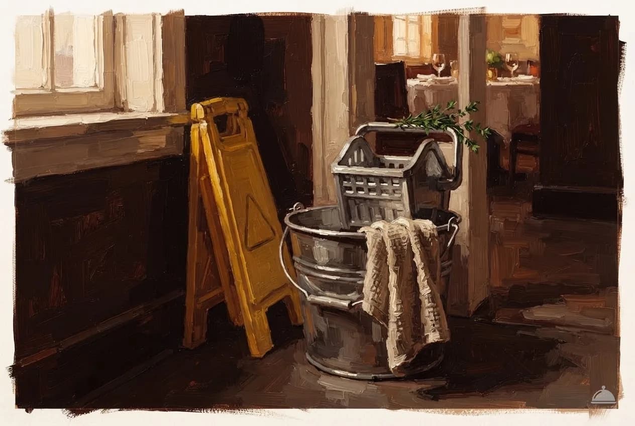 Oil vignette of a mop bucket and a caution stand by a dining-room doorway