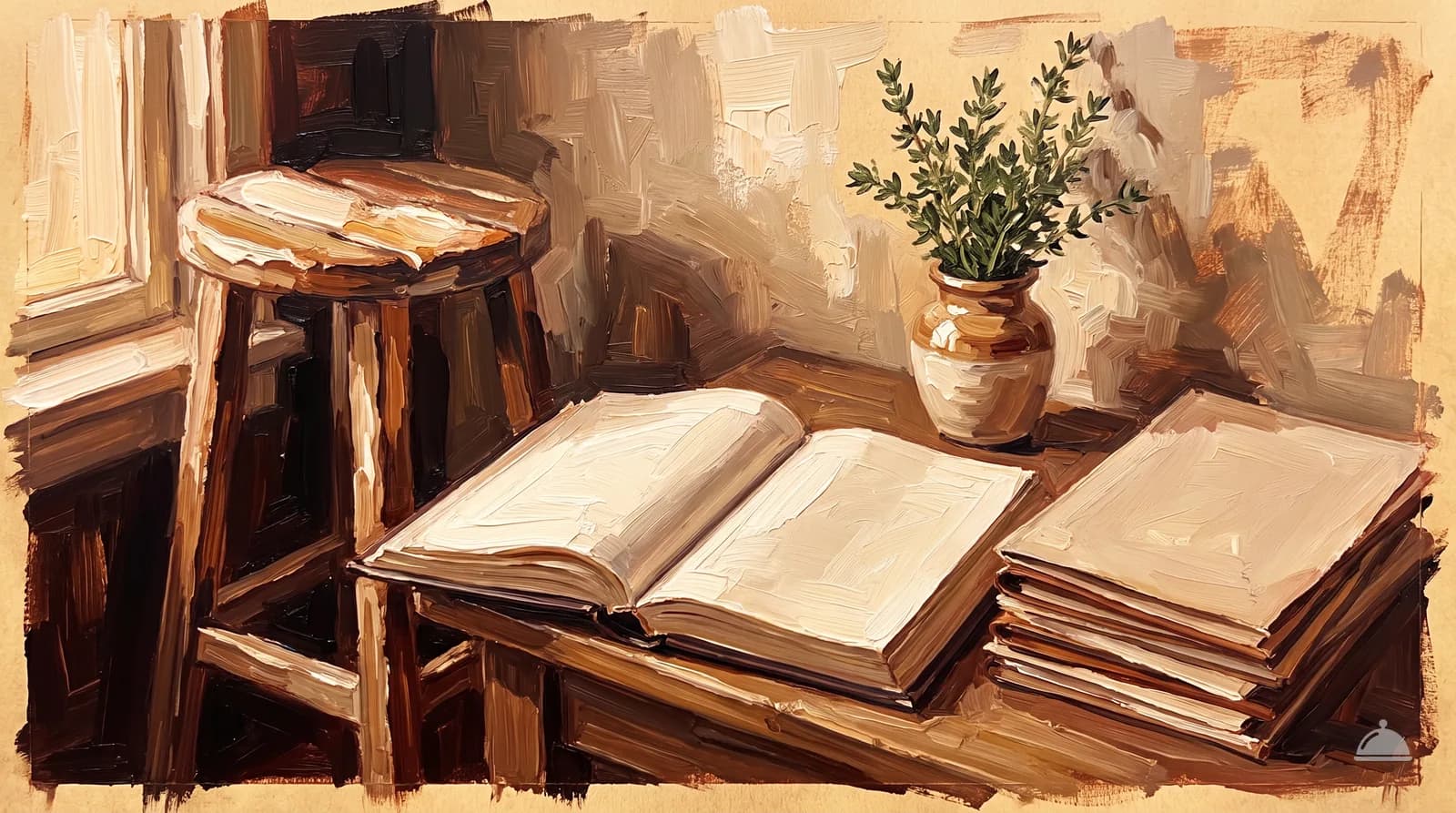 Oil painting of a manager's station with an open blank reservation book and menu covers