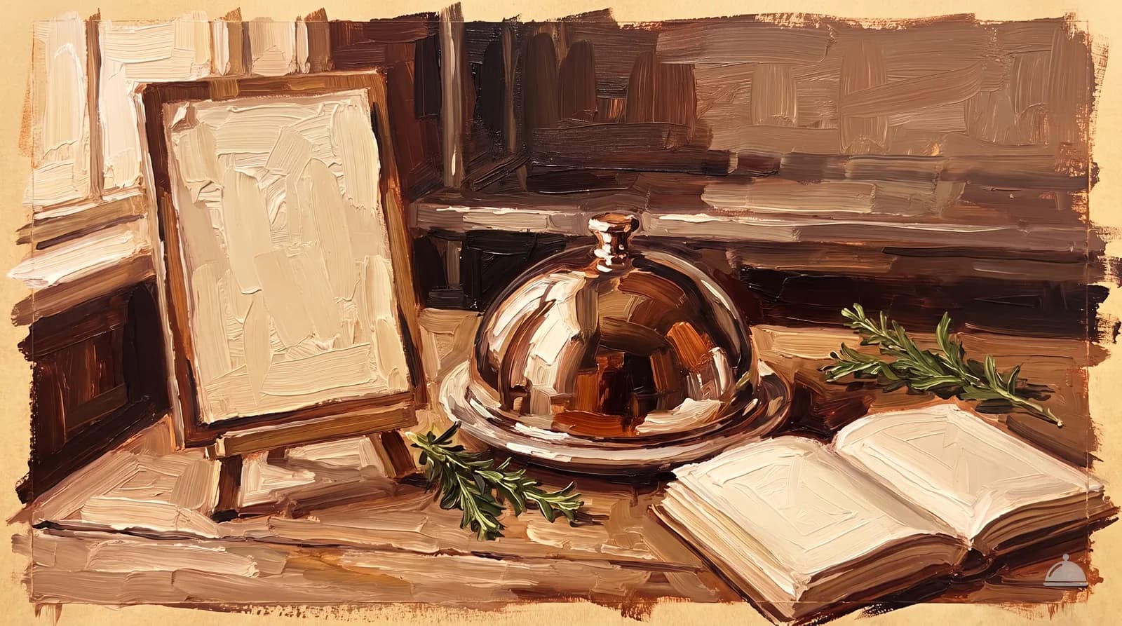 Oil painting of a blank menu board on an easel beside a dish under a cloche
