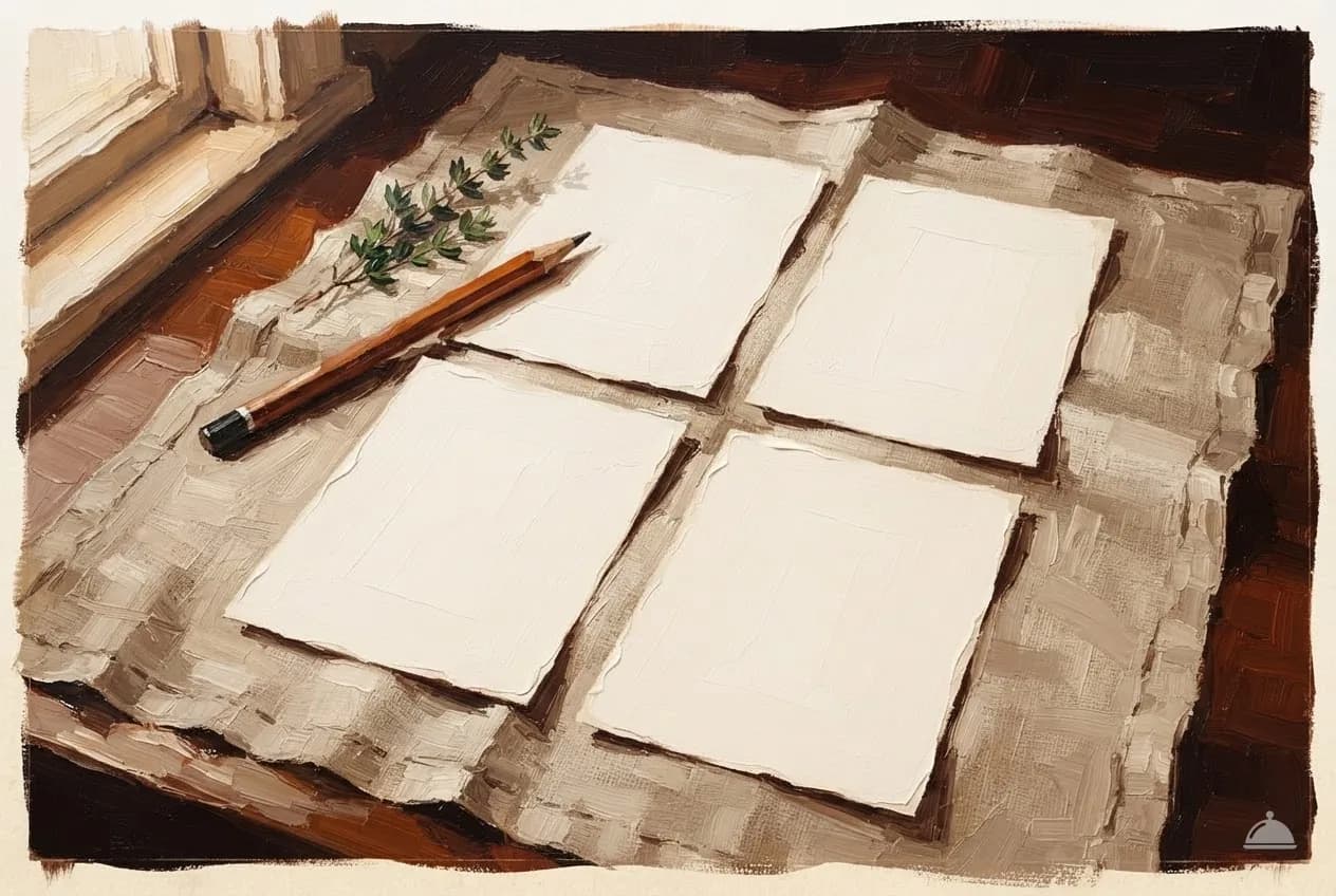 Oil vignette from above of four blank menu cards laid in a grid with a pencil