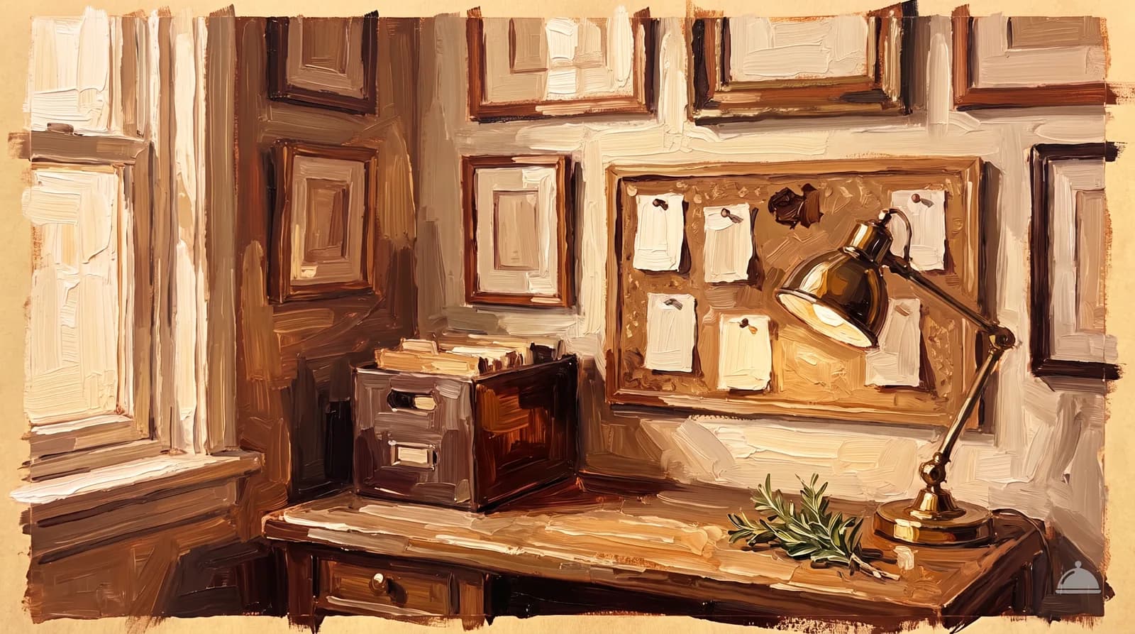 Oil painting of a back-office wall of empty frames above a desk and filing box