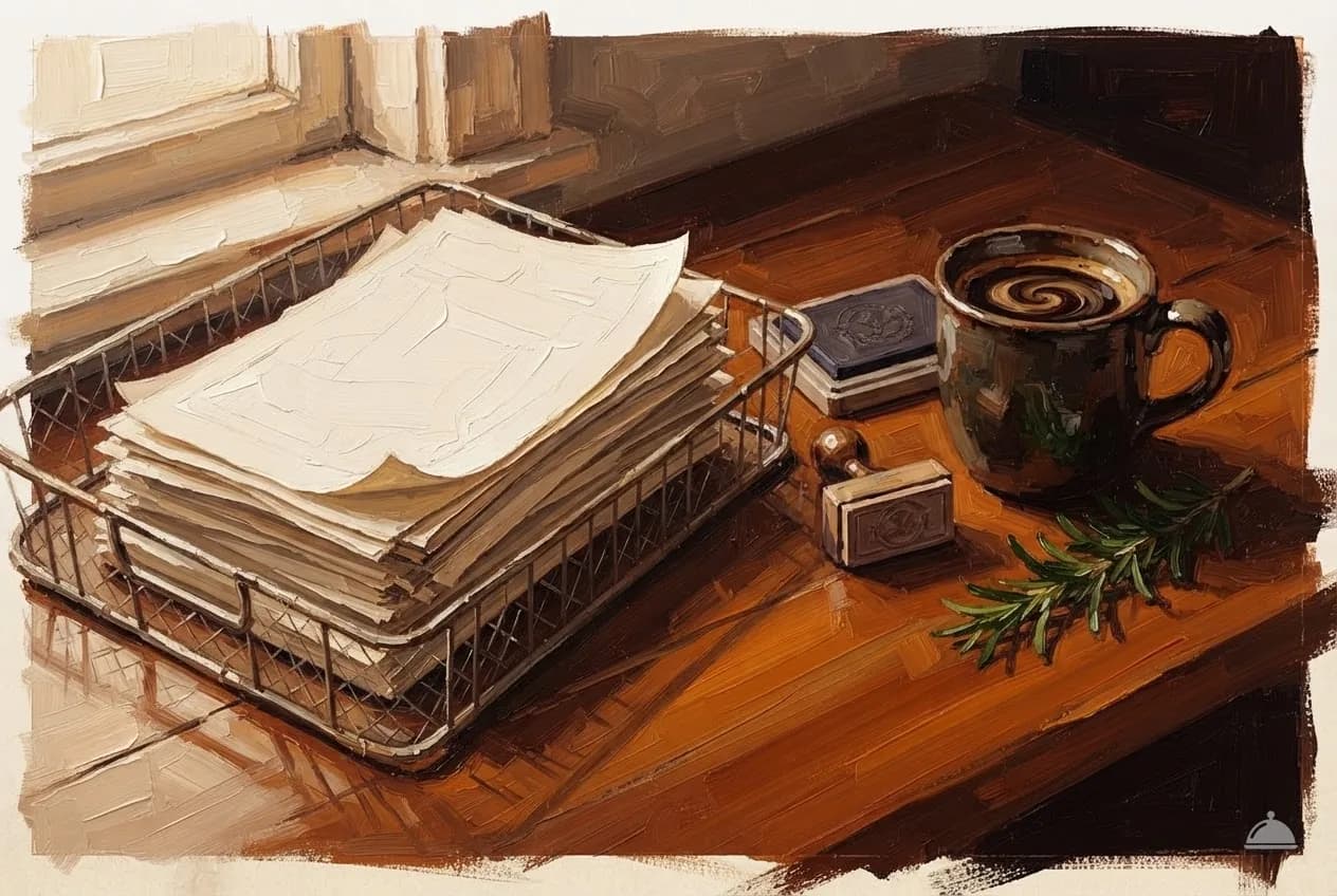 Oil vignette of blank forms in a wire tray with a rubber stamp and a coffee mug