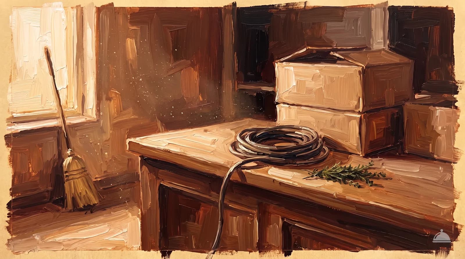 Oil painting of an empty storefront ready for fit-out with boxes and a broom