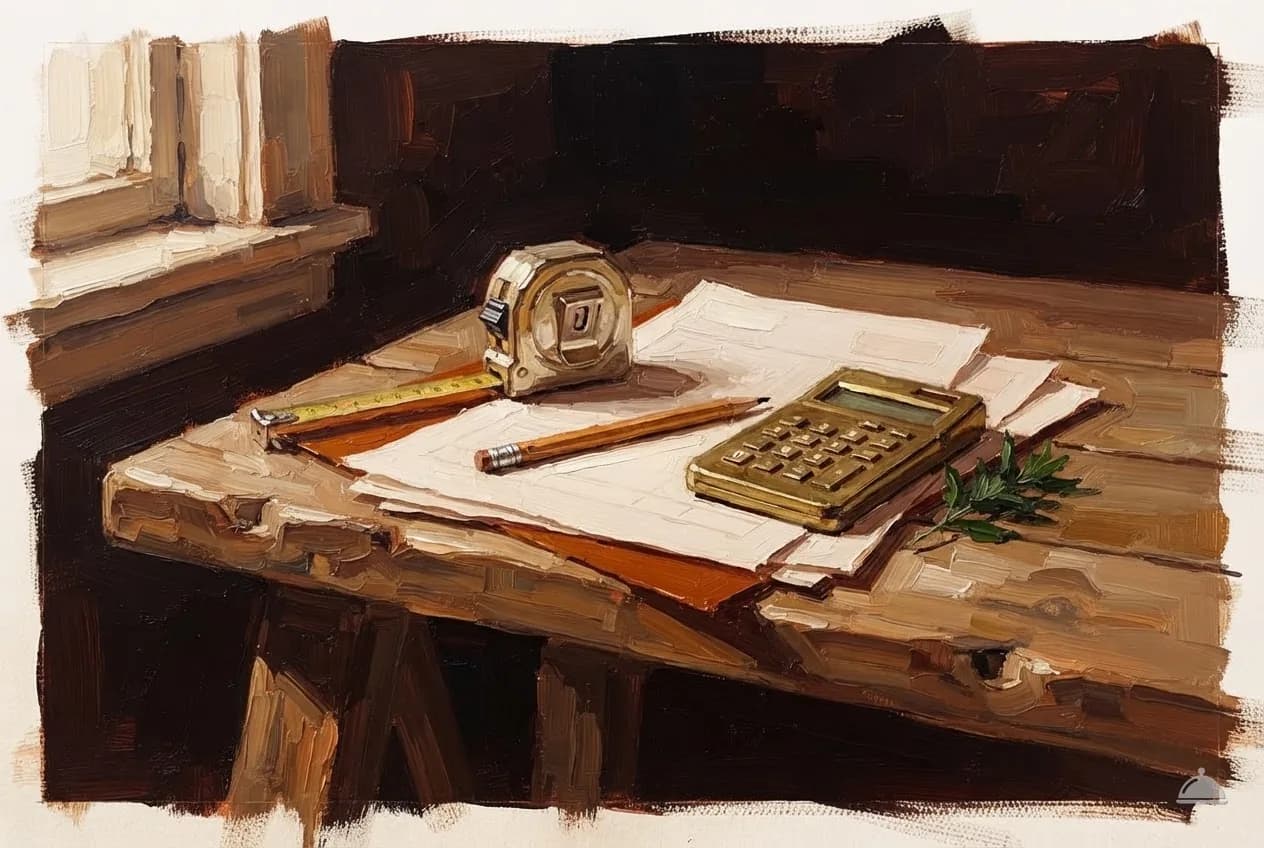 Oil vignette of blank invoices on a trestle with a tape measure and calculator