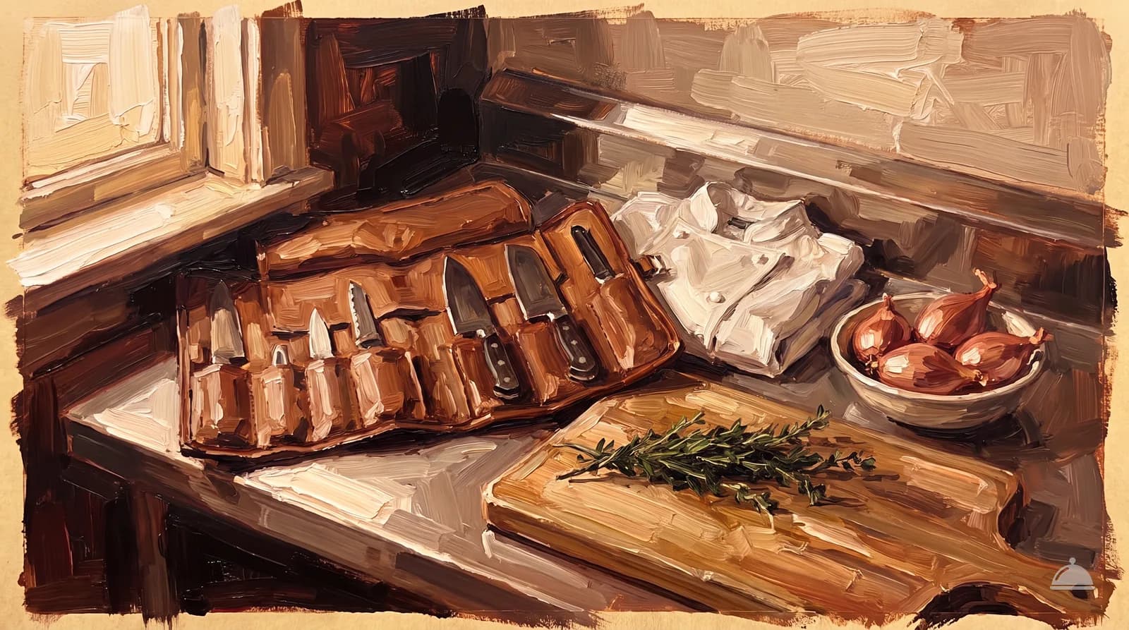 Oil painting of an open knife roll, a folded chef's jacket and a bowl of shallots